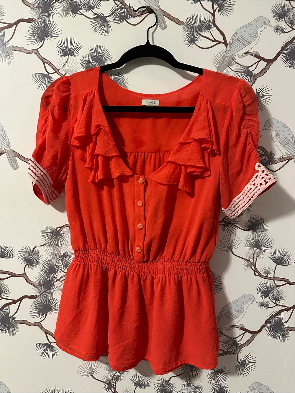 Anthropologie Odille Coral Ruffle Smocked Waist Blouse Size 8